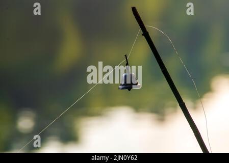 Old Brass Bell su una canna da pesca che gira. Alimentatore di pesca sul fiume. Sfondo sfocato Foto Stock