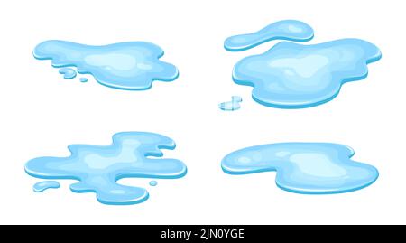 Set di pozzanghere d'acqua, in stile cartoon liquido. Goccia isolata su sfondo bianco. Blu split, spruzzi sul pavimento. Illustrazione vettoriale Illustrazione Vettoriale