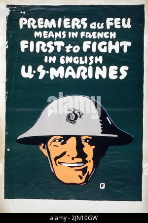 Premiers au feu significa in francese prima a combattere in inglese, Stati Uniti Marines (1917) American World War i era poster da Charles Buckles Falls Foto Stock