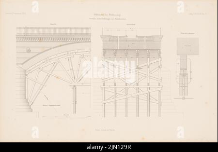 N.N., Elbbrücke, Wittenberge. (Da: Atlas alla rivista for Building, ed. V. G. Erbkam, Jg. 4, 1854.) (1854-1854): Vista, sezione trasversale, dettaglio della volta del ponte. Cucire su carta, 28,3 x 43,2 cm (compresi i bordi di scansione) Benda Anton Ferdinand (1817-1893): Elbbrücke, Wittenberge. (Aus: Atlas zur Zeitschrift für Bauwesen, hrsg. v. G. Erbkam, Jg. 4, 1854) Foto Stock