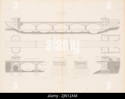 N.N., Elbbrücke, Wittenberge. (Da: Atlas alla rivista for Building, ed. V. G. Erbkam, Jg. 4, 1854.) (1854-1854): pianta del pavimento, vista, sezioni longitudinali, sezioni trasversali. Cucire su carta, 42,2 x 56,6 cm (compresi i bordi di scansione) Benda Anton Ferdinand (1817-1893): Elbbrücke, Wittenberge. (Aus: Atlas zur Zeitschrift für Bauwesen, hrsg. v. G. Erbkam, Jg. 4, 1854) Foto Stock