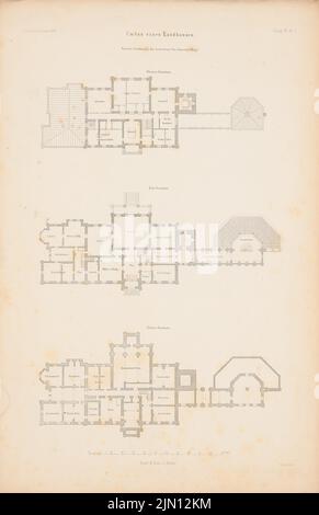 Runge Gotthilf Ludwig (Luigi), conversione di una casa di campagna. (Da: Atlas alla rivista for Building, ed. V. G. Erbkam, Jg. 7, 1857.) (1857-1857): Grundriss Keller, EG, piano 1st. Cucire su carta, 45,2 x 29,3 cm (compresi i bordi di scansione) Runge Gotthilf Ludwig (Louis) : Umbau eines Landhauses. (Aus: Atlas zur Zeitschrift für Bauwesen, hrsg. v. G. Erbkam, Jg. 7, 1857) Foto Stock