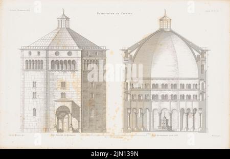 Spielberg Herrmann (1827-1886), Battistero della Cattedrale di Cremona. (Da: Atlas alla rivista for Building, ed. V. G. Erbkam, Jg. 9, 1859.) (1859-1859): Vista del nord, taglio o W. Stich su carta, 29,3 x 45,2 cm (compresi i bordi di scansione) Spielberg Herrmann (1827-1886): Battisterio des Doms, Cremona. (Aus: Atlas zur Zeitschrift für Bauwesen, hrsg. v. G. Erbkam, Jg. 9, 1859) Foto Stock