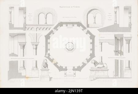 Spielberg Herrmann (1827-1886), Battistero della Cattedrale di Cremona. (Da: Atlas alla rivista for Building, ed. V. G. Erbkam, Jg. 9, 1859.) (1859-1859): pianta, dettagli. Cucire su carta, 29 x 45,4 cm (compresi i bordi di scansione) Spielberg Herrmann (1827-1886): Baptisterium des Doms, Cremona. (Aus: Atlas zur Zeitschrift für Bauwesen, hrsg. v. G. Erbkam, Jg. 9, 1859) Foto Stock