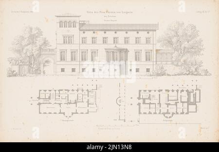 Schadow Albert Dietrich (1797-1869), Villa Liegnitz, Potsdam. (Da: Atlas alla rivista for Building, ed. V. G. Erbkam, nata il 11, 1861.) (1861-1861): Grundriss ad es., piano 1st, vista frontale. Cucire su carta, 29,4 x 45,1 cm (compresi i bordi di scansione) Schadow Albert Dietrich (1797-1869): Villa Liegnitz, Potsdam. (Aus: Atlas zur Zeitschrift für Bauwesen, hrsg. v. G. Erbkam, Jg. 11, 1861) Foto Stock