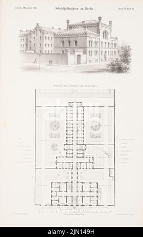 Cremer Albert Friedrich (1824-1891), prigione del debito, Berlino. (Da: Atlas alla rivista for Building, ed. V. G. Erbkam, Jg. 15, 1865.) (1865-1865): pianta, vista prospettica. Cucire su carta, 43,7 x 27,6 cm (compresi i bordi di scansione) Cremer Albert Friedrich (1824-1891): Schuldgefängnis, Berlino. (Aus: Atlas zur Zeitschrift für Bauwesen, hrsg. v. G. Erbkam, Jg. 15, 1865) Foto Stock