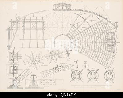 Swedler Johann Wilhelm (1823-1894), associazione Imperial-Continental-gas, Berlino. (Da: Atlas alla rivista for Building, ed. V. G. Erbkam, Jg. 16, 1866.) (1866-1866): Dettagli costruzione del tetto. Cucire su carta, 43,9 x 58,3 cm (compresi i bordi di scansione) Schwedler Johann Wilhelm (1823-1894): Imperial-Continental-gas-Association, Berlino. (Aus: Atlas zur Zeitschrift für Bauwesen, hrsg. v. G. Erbkam, Jg. 16, 1866) Foto Stock