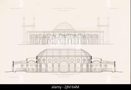 Ende & Böckmann, Giardino Zoologico, Berlino. (Da: Atlas alla rivista for Building, ed. V. G. Erbkam, Jg. 25, 1875.) (1875-1875): Vista laterale, sezione longitudinale Antelelenhaus. Cucire su carta, 29,5 x 45,7 cm (compresi i bordi di scansione) Ende & Böckmann : Zoologischer Garten, Berlino. Antipenhaus. (Aus: Atlas zur Zeitschrift für Bauwesen, hrsg. v. G. Erbkam, Jg. 25, 1875) Foto Stock