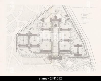 Gropius & Schmieden, Urban General Hospital, Berlin-Friedrichshain. (Da: Atlas alla rivista for Building, ed. V. G. Erbkam, Jg. 25, 1875.) (1875-1875): Grundriss. Cucire su carta, 45,2 x 59,8 cm (compresi i bordi di scansione) Gropius & Schmieden : Städtisches Allgemeines Krankenhaus, Berlin-Friedrichshain. (Aus: Atlas zur Zeitschrift für Bauwesen, hrsg. v. G. Erbkam, Jg. 25, 1875) Foto Stock