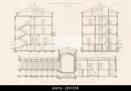 Gropius & Schmieden, Urban General Hospital, Berlin-Friedrichshain. (Da: Atlas alla rivista for Building, ed. V. G. Erbkam, Jg. 25, 1875.) (1875-1875): sezioni trasversali, sezione longitudinale dell'edificio amministrativo. Cucire su carta, 29,6 x 45,5 cm (compresi i bordi di scansione) Gropius & Schmieden : Städtisches Allgemeines Krankenhaus, Berlin-Friedrichshain. (Aus: Atlas zur Zeitschrift für Bauwesen, hrsg. v. G. Erbkam, Jg. 25, 1875) Foto Stock