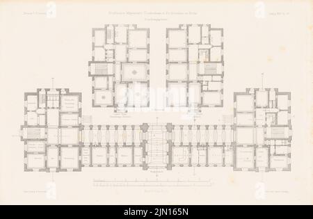 Gropius & Schmieden, Urban General Hospital, Berlin-Friedrichshain. (Da: Atlas alla rivista for Building, ed. V. G. Erbkam, Jg. 25, 1875.) (1875-1875): Edificio amministrativo a 1st piani Grundrisse. Cucire su carta, 29,6 x 45,1 cm (compresi i bordi di scansione) Gropius & Schmieden : Städtisches Allgemeines Krankenhaus, Berlin-Friedrichshain. (Aus: Atlas zur Zeitschrift für Bauwesen, hrsg. v. G. Erbkam, Jg. 25, 1875) Foto Stock