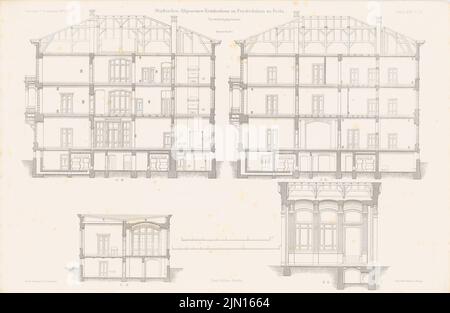 Gropius & Schmieden, Urban General Hospital, Berlin-Friedrichshain. (Da: Atlas alla rivista for Building, ed. V. G. Erbkam, Jg. 25, 1875.) (1875-1875): sezioni trasversali degli edifici amministrativi. Cucire su carta, 30 x 46,1 cm (compresi i bordi di scansione) Gropius & Schmieden : Städtisches Allgemeines Krankenhaus, Berlin-Friedrichshain. (Aus: Atlas zur Zeitschrift für Bauwesen, hrsg. v. G. Erbkam, Jg. 25, 1875) Foto Stock