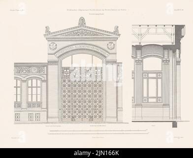 Gropius & Schmieden, Urban General Hospital, Berlin-Friedrichshain. (Da: Atlas alla rivista for Building, ed. V. G. Erbkam, Jg. 25, 1875.) (1875-1875): Taglio, vista ingresso principale. Cucire su carta, 45,1 x 59 cm (compresi i bordi di scansione) Gropius & Schmieden : Städtisches Allgemeines Krankenhaus, Berlin-Friedrichshain. (Aus: Atlas zur Zeitschrift für Bauwesen, hrsg. v. G. Erbkam, Jg. 25, 1875) Foto Stock
