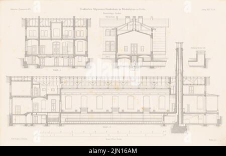 Gropius & Schmieden, Urban General Hospital, Berlin-Friedrichshain. (Da: Atlas alla rivista for Building, ed. V. G. Erbkam, Jg. 25, 1875.) (1875-1875): Tagli di padiglione a un piano. Cucire su carta, 29,7 x 45,8 cm (compresi i bordi di scansione) Gropius & Schmieden : Städtisches Allgemeines Krankenhaus, Berlin-Friedrichshain. (Aus: Atlas zur Zeitschrift für Bauwesen, hrsg. v. G. Erbkam, Jg. 25, 1875) Foto Stock