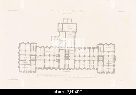 Gropius & Schmieden, Urban General Hospital, Berlin-Friedrichshain. (Da: Atlas alla rivista for Building, ed. V.F. Endell, Jg. 26, 1876.) (1876-1876): Grundriss Keller. Cucire su carta, 29,7 x 45,5 cm (compresi i bordi di scansione) Gropius & Schmieden : Städtisches Allgemeines Krankenhaus, Berlin-Friedrichshain. (Aus: Atlas zur Zeitschrift für Bauwesen, hrsg. v. F. Endell, Jg. 26, 1876) Foto Stock