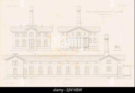 Gropius & Schmieden, Urban General Hospital, Berlin-Friedrichshain. (Da: Atlas alla rivista for Building, ed. V. G. Erbkam, Jg. 25, 1875.) (1875-1875): Vista del padiglione a un piano. Cucire su carta, 29,4 x 45,6 cm (compresi i bordi di scansione) Gropius & Schmieden : Städtisches Allgemeines Krankenhaus, Berlin-Friedrichshain. (Aus: Atlas zur Zeitschrift für Bauwesen, hrsg. v. G. Erbkam, Jg. 25, 1875) Foto Stock