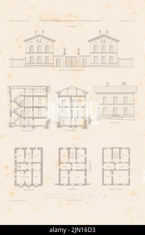 Gropius & Schmieden, Urban General Hospital, Berlin-Friedrichshain. (Da: Atlas alla rivista for Building, ed. V.F. Endell, Jg. 26, 1876.) (1876-1876): piantine, viste, edifici con porte a taglio. Cucire su carta, 45,5 x 29,4 cm (compresi i bordi di scansione) Gropius & Schmieden : Städtisches Allgemeines Krankenhaus, Berlin-Friedrichshain. (Aus: Atlas zur Zeitschrift für Bauwesen, hrsg. v. F. Endell, Jg. 26, 1876) Foto Stock