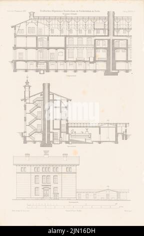 Gropius & Schmieden, Urban General Hospital, Berlin-Friedrichshain. (Da: Atlas alla rivista for Building, ed. V.F. Endell, Jg. 26, 1876.) (1876-1876): vista laterale, sezione trasversale, sezione longitudinale dell'edificio. Cucire su carta, 46,1 x 29,5 cm (compresi i bordi di scansione) Gropius & Schmieden : Städtisches Allgemeines Krankenhaus, Berlin-Friedrichshain. (Aus: Atlas zur Zeitschrift für Bauwesen, hrsg. v. F. Endell, Jg. 26, 1876) Foto Stock