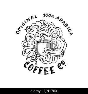 Logo e emblema della caffetteria. Tazza di bevanda. Latte, cappuccino o espresso. Badge retrò vintage. Disegno inciso a mano. Modelli per t-shirt. Illustrazione Vettoriale