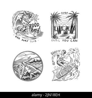 Badge Surf, logo Vintage Surfer. Onda retro e palmo. Set di pin per la California estiva. Uomo sulla tavola da surf, spiaggia e mare. Emblema inciso disegnato a mano Illustrazione Vettoriale