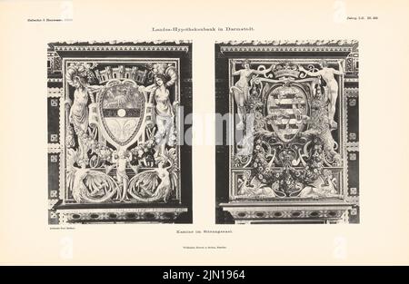 Meissner Paul, state Hypothekenbank, Darmstadt. (Da: Atlas alla rivista for Building, ed. V. Ministero del lavoro pubblico, Jg. 60, 1910) (1910-1910): Dettagli caminetti nella sala riunioni. Pressione su carta, 29,8 x 45,7 cm (compresi i bordi di scansione) Meissner Paul : Landes-Hypothekenbank, Darmstadt. (Aus: Atlas zur Zeitschrift für Bauwesen, hrsg. v. Ministerium der öffentlichen Arbeiten, Jg. 60, 1910) Foto Stock