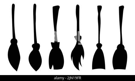Set di silhouette di scopa per streghe. Collezione di oggetti per la festa di Halloween. Illustrazione vettoriale. Illustrazione Vettoriale