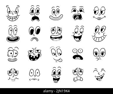 Collezione di vecchi cartoni animati tradizionali retrò. Vintage volti di persone con diverse emozioni del 20s 30s. Espressioni di carattere emoji 50s Illustrazione Vettoriale