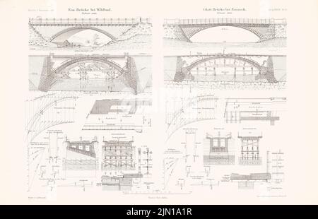 Leibbrand, Enzbrücke, Wildbad. Glatt Bridge, Neuneck. (Da: Atlas alla rivista for Building, ed. V. G. Erbkam, nato 38, 1888) (1888-1888): Viste, tagli, dettagli, grafica. Litografia su carta, 29,4 x 45,7 cm (compresi i bordi di scansione) Leibbrand Karl von (1839-1898): Enzbrücke, Wildbad. Glattbrücke, Neuneck. (Aus: Atlas zur Zeitschrift für Bauwesen, hrsg. v. G. Erbkam, Jg. 38, 1888) Foto Stock