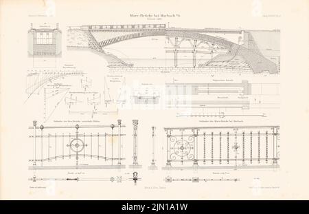 Leibbrand, Murrbrücke, Marbach. (Da: Atlas alla rivista for Building, ed. V. G. Erbkam, Jg. 38, 1888) (1888-1888): pianta, vista, tagli, dettagli, grafica. Litografia su carta, 29,8 x 46,1 cm (compresi i bordi di scansione) Leibbrand Karl von (1839-1898): Murrbrücke, Marbach. (Aus: Atlas zur Zeitschrift für Bauwesen, hrsg. v. G. Erbkam, Jg. 38, 1888) Foto Stock