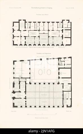 Hasak Max, edificio Reichsbank, Lipsia. (Da: Atlas alla rivista for Building, ed. V. Ministero del lavoro pubblico, Jg. 41, 1891) (1891-1891): Grundriss EG, 1st uovo. Cucitura su carta, 46 x 30 cm (inclusi i bordi di scansione) Hasak Max (1856-1934): Reichsbankgebäude, Leipzig. (Aus: Atlas zur Zeitschrift für Bauwesen, hrsg. v. Ministerium der öffentlichen Arbeiten, Jg. 41, 1891) Foto Stock