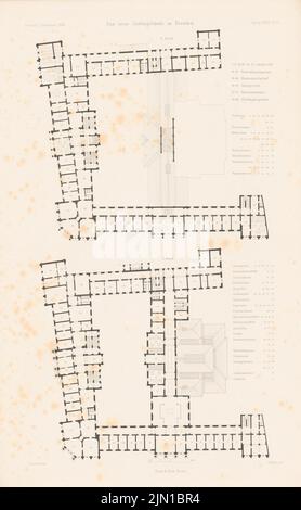 Canzler A., nuovo edificio della Giustizia, Dresda. (Da: Atlas alla rivista for Building, ed. V. G. Erbkam, Jg. 32, 1882) (1882-1882): Grundriss 1st piano, 2nd piano. Cucire su carta, 45,4 x 28,1 cm (compresi i bordi di scansione) Canzler A. : Neues Justizgebäude, Dresda. (Aus: Atlas zur Zeitschrift für Bauwesen, hrsg. v. G. Erbkam, Jg. 32, 1882) Foto Stock