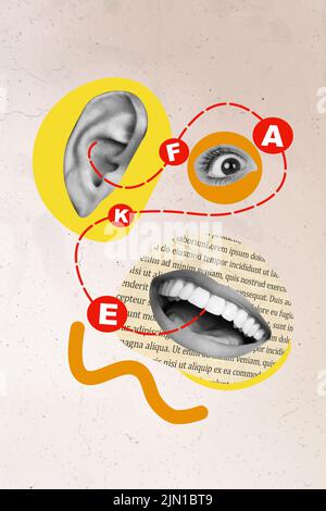 Illustrazione del collage verticale delle parti facciali umane bocca occhio orecchio nero bianco colori connettersi ascoltare dire falso notizie lettere pezzo giornale testo Foto Stock