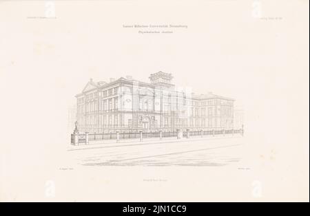 Eggert Hermann (1844-1920), Kaiser-Wilhelms-Universität, Strasburgo. (Da: Atlas alla rivista for Building, ed. V. G. Erbkam, Jg. 34, 1884.) (1884-1884): Prospettiva dell'Istituto fisico. Cucire su carta, 29,9 x 45,6 cm (compresi i bordi di scansione) Eggert Hermann (1844-1920): Physikalisches Institut der Kaiser-Wilhelms-Universität Straßburg. (Aus: Atlas zur Zeitschrift für Bauwesen, hrsg. v. G. Erbkam, Jg. 34, 1884) Foto Stock