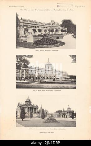 N.N., Castello di Sanssouci, Potsdam. Nuovo Palais, Potsdam. Communs, Potsdam. (Da: Atlante alla rivista per l'edilizia, ed. V. Ministero del pubblico A (1911-1911): Visualizzazioni. Pressione sulla carta, 46,1 x 30 cm (incl Scansione bordi) N. : Schloss Sanssouci, Potsdam. Neues Palais, Potsdam. Communs, Potsdam. (Aus: Atlas zur Zeitschrift für Bauwesen, hrsg. v. Ministerium der öffentlichen Arbeiten, Jg. 61, 1911) Foto Stock