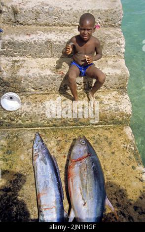 Ragazzo locale con le thune al porto di SAL Rei, Boavista, Isole di Capo Verde, Africa Foto Stock