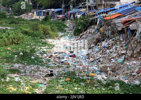 Dhaka, Dhaka, Bangladesh. 8th ago 2022. I fiumi e i canali di Dhaka sono pieni di rifiuti di plastica. Tutti i canali sono collegati al fiume ma non c'è flusso d'acqua nei canali ora. Ogni canale è una montagna spazzatura di politene. Milioni di sacchetti di plastica scartati incautamente ostruiscono i canali della capitale e aumentano l'inquinamento. (Credit Image: © Syed Mahabubul Kader/ZUMA Press Wire) Foto Stock