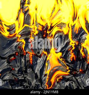Fiamma lavica realistica su sfondo di cenere nera. Consistenza della superficie del magma fuso Foto Stock