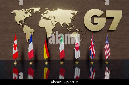 G7. Bandiere di membri di G7 gruppi di sette e lista di paesi, Gruppo di sette. 3d illustrazione e 3d lavoro Foto Stock