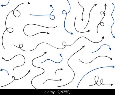 Frecce grandi e indicazioni stradali. Linea sottile con freccia. Stile doodle. Frecce vettoriali nere e blu, isolate su sfondo bianco. Illustrazione Vettoriale
