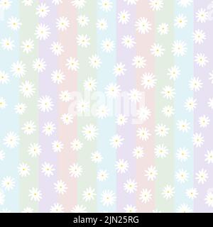 Ripetizione vettoriale senza giunture camomilla. Fiori bianchi disegnati a mano con centri gialli su sfondo a strisce chiare. Ornamento botanico. Cute pianta illustrratio Illustrazione Vettoriale
