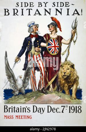 Fianco a fianco – Britannia! Giornata della Gran Bretagna 7th 1918 dicembre incontro di messa (1918) di James Montgomery Flagg. Poster americano della prima guerra mondiale Foto Stock