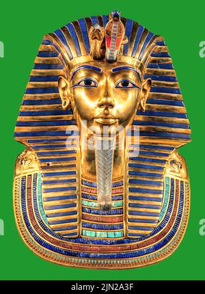 Maschera di sepoltura del faraone egiziano Tutankhamun su sfondo verde. Foto Stock