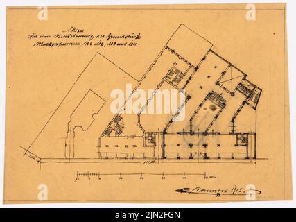 Knoblauch & Wex, grandi magazzini di conversione ed espansione Erich Jordan, Markgrafenstr. 102-107, Berlino-Kreuzberg: Markgrafenstraße 102-104: Pianta del sito. Inchiostro su trasparente, 22,2 x 31,5 cm (inclusi i bordi di scansione) Foto Stock