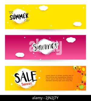 Imposta banner estate. Sfondo luminoso con frutta estiva. Saldi estivi, fine stagione. Modello di banner orizzontale. Ora legale per la promozione. VECTO Illustrazione Vettoriale
