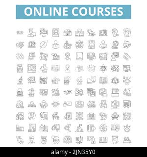 Icone dei corsi online, simboli di linea, Web Sign, set vettoriale, illustrazione isolata Illustrazione Vettoriale