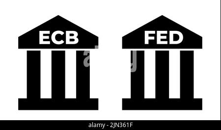 FED e BCE. Banca centrale europea e Banca della Federal Reserve - edificio classicista con testo. Banca centrale e istituto finanziario nazionale negli USA AN Foto Stock