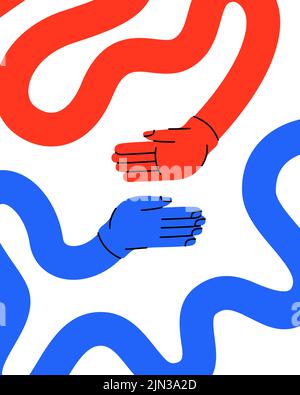 Due diverse mani colorate che danno un alto cinque. Alto cinque per un ottimo lavoro. Un saluto amichevole con le mani. Stretta di mano, applaudimento, saluto. Illustrazione Vettoriale