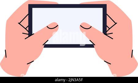 Mano che tiene il telefono cellulare. Telefono cellulare in mano. Le dita toccano lo schermo. Concetto di gioco mobile. Smartphone con schermo bianco vuoto. Illustrazione Vettoriale