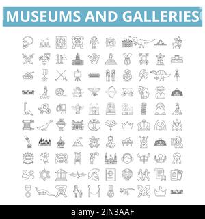 Musei e gallerie icone, simboli di linea, web insegne, set vettoriale, illustrazione isolata Illustrazione Vettoriale