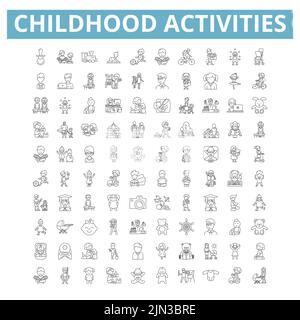 Icone delle attività infantili, simboli di linea, segni web, set vettoriale, illustrazione isolata Illustrazione Vettoriale